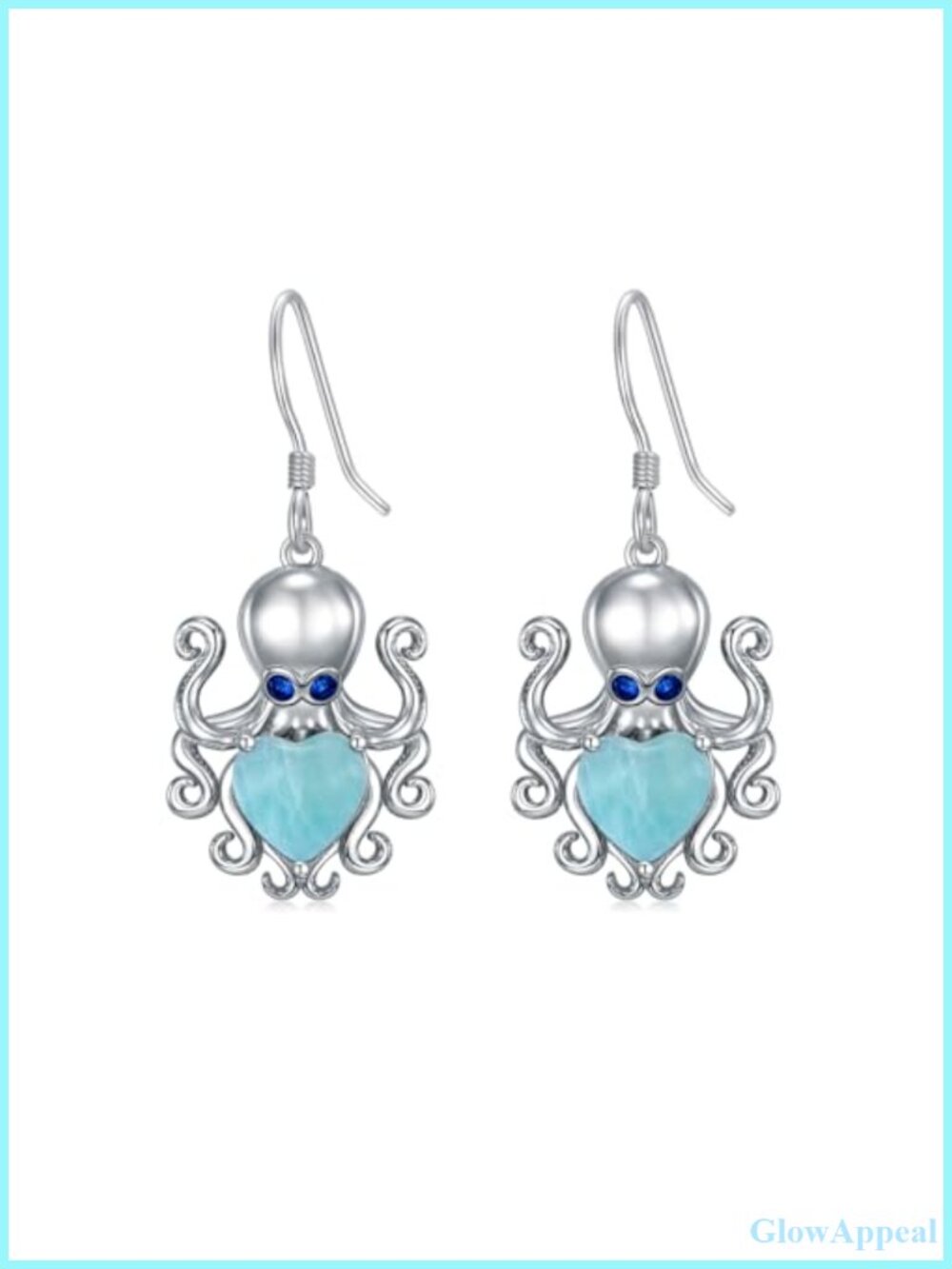 Sterling Silver Octopus Dangle Earrings with Larimar Heart for Women